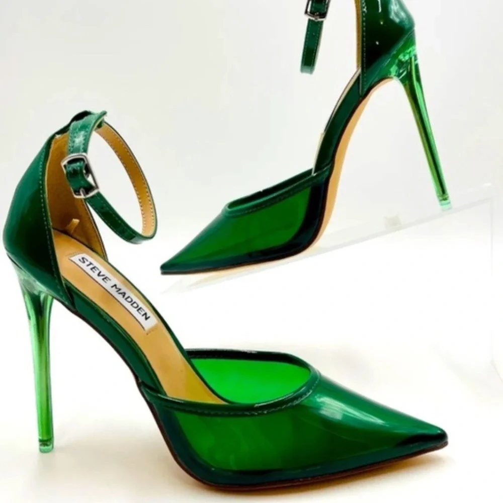 Steve Madden Green Translucent Pointed Toe Ankle Strap Stiletto Heels 7.5